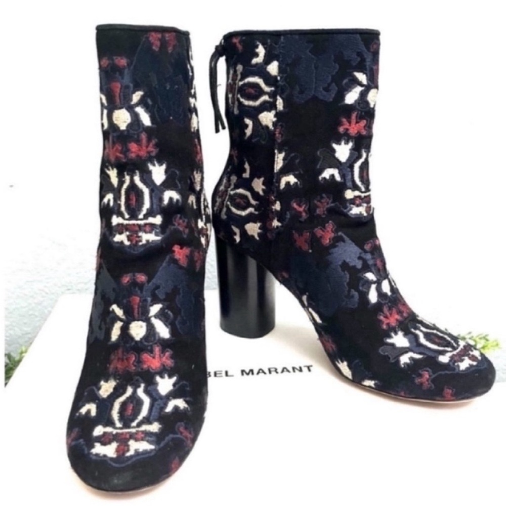 Isabel Marant Guya Black Velvet Floral Pattern Ankle Boots Multicolor Size 37